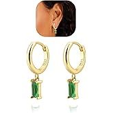 Baguette Drop Huggie Hoop Earrings, Natural Crystal Dangle Drop Earrings, 14K Gold Plated Hypoallergenic Small Hoop Drop Earrings for Women Girls Gifts