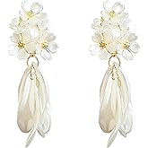 Anmpab White Magnolia Blossom Flowers Cluster Tassel Stud Earrings for Women Statement Long Flower Dangle Drop Earrings Wedding Jewelry