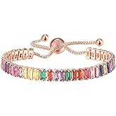 HSQYJ Rainbow Cubic Zirconia Bracelet Adjustable Tennis Bracelets for Women Teen Girls 14K Rose Gold/Silver Plated Hypoallergenic Slider Bracelet Fashion Jewelry Gift