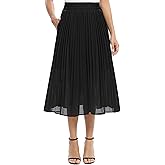 EXCHIC Women's Casual Chiffon Elastic Waist A-Line Pleated Midi Skirt with Pockets