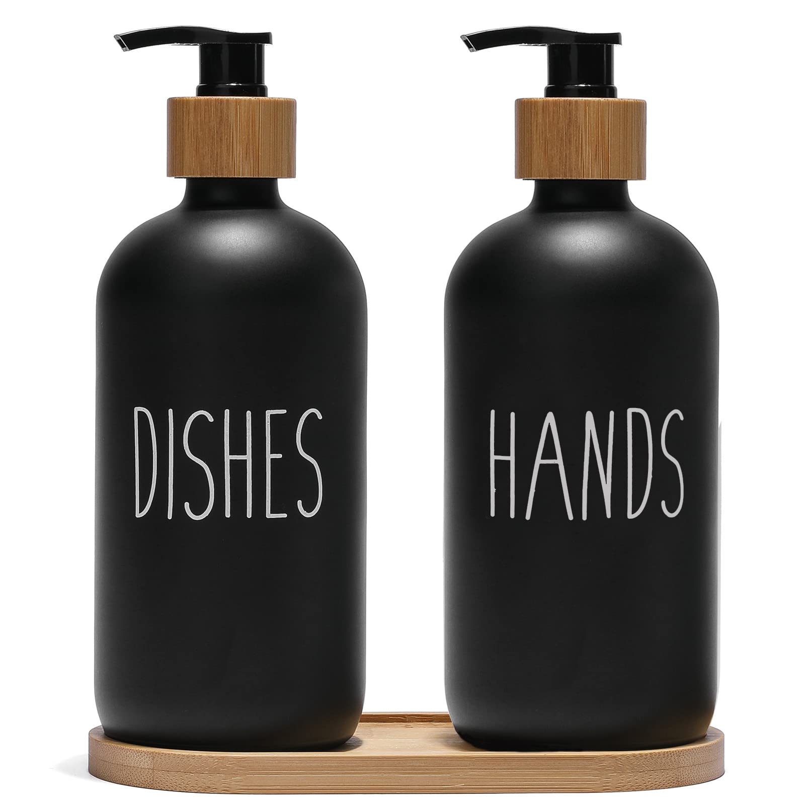 FEILANDUO Glass Soap Dispenser Set, Kitchen & Bathroom Dispenser with Bamboo Pump and Soap Tray, Farmhouse Home Decor (2pcs Black)