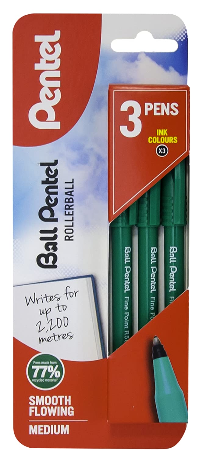 Pentel R50 Rollerball Pen, Green Barrel - Black Ink - 1 Blister Card of 3 Rollerballs, XR50/3-A