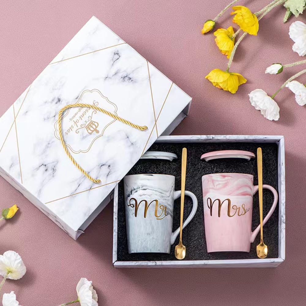 BEVKAF Mr and Mrs Mugs, Mr and Mrs Gifts for Couple, Gifts for Couple Engagement Bride and Groom Ceramic Mugs, Coffee Cups Set (14Oz)