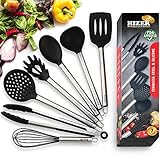 Kitchen Cooking Utensils Set (7 in 1) - Stainless Steel Kitchen Cooking Utensils - Best silicone Utensils Set - 100% eco friendly - Kitchen Utensil Kit - Cooking Kitchen Tools for Women Men (Black)