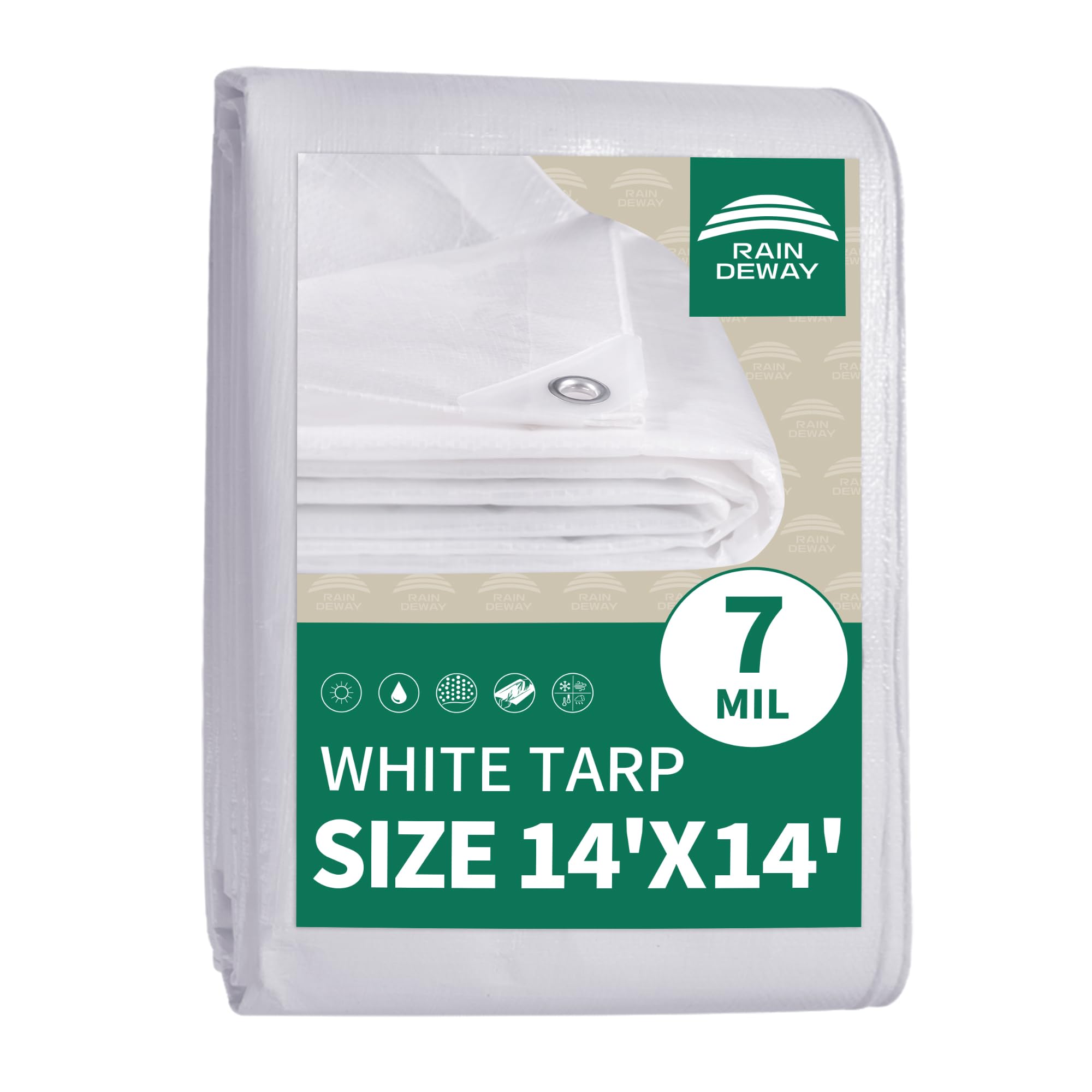 RAINDEWAY Tarps 14x14 Feet Tarp Waterproof,7Mil Thick,Finished Size,UV Resistant,Multipurpose Poly Tarp Cover with Metal Grommets and Reinforced Edges,White Tarps Image