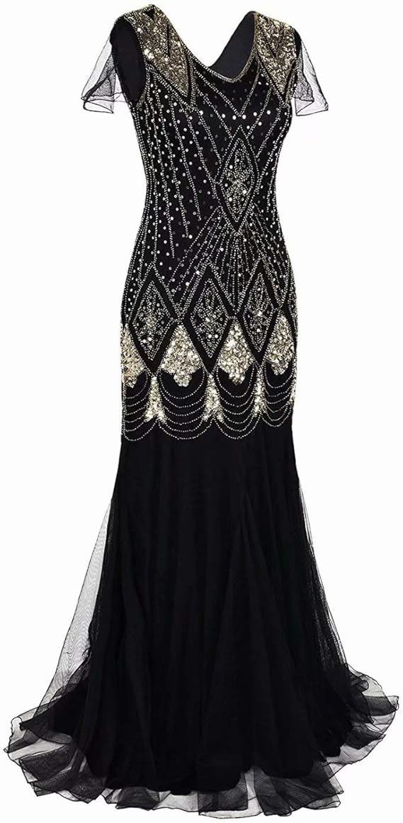 cilyberya Robes de noël Paillettes années 1920 Gatsby Maxi Tulle avec soirée  Paillettes Soir Ouvert Dos Robe sans Manches Longue Femme Soirée