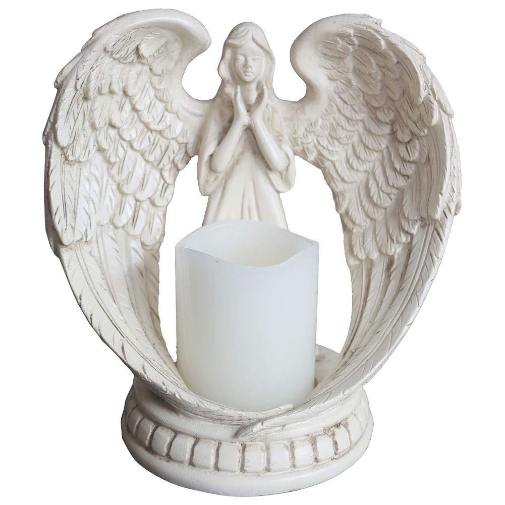 YANGMEI Praying Angel Figurine 9-inch Wings Angel Flamless Candle Holder w 6H Timer Function Angel Figurine Sculpture Statue Decorative Home Wedding Christmas Church Baptism Angel Collection Figurine