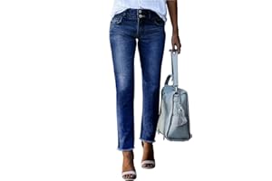Sidefeel Women's High Waisted Jeans Strechy Fashion Raw Hem Straight Leg Ankle Denim Pants with Pockets