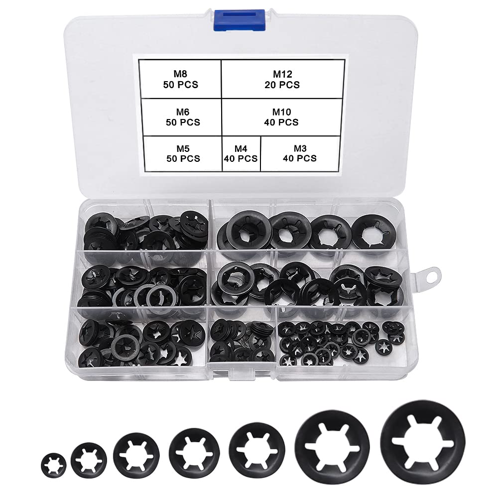 VooGenzek 290 PCS Quick Speed Locking Washers, Internal Tooth Washers, Push On Speed Clips Fasteners Assortment Kit, 7 Size M3 M4 M5 M6 M8 M10 M12