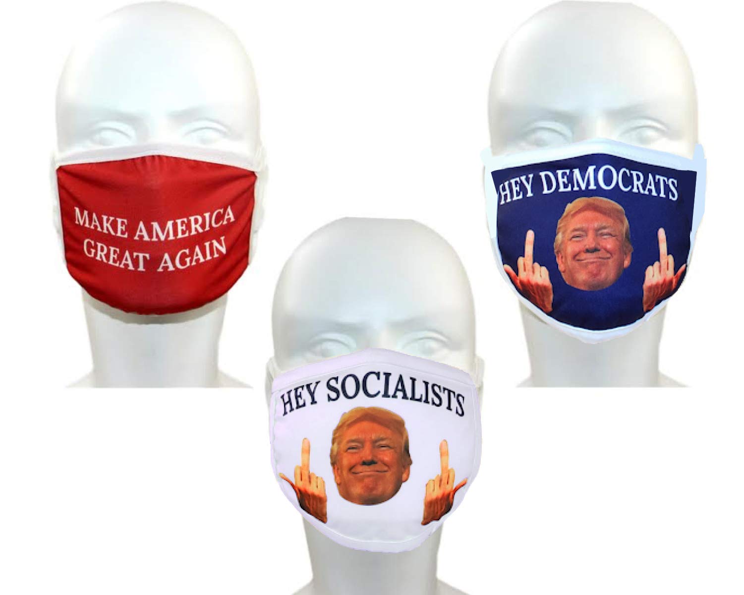Bobblefingers Trump Face Mask 3-Pack, Reusable & Washable NO SOCIALISTS NO Democrats MAGA
