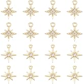 UNICRAFTALE 16Pcs 2 Styles 18K Gold Plated Star Charms Eight Pointed and North Star Rhinestone Dangle Pendants for Crafts Jewelry Making