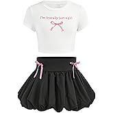 Verdusa Girl's 2 Piece Bow Outfits Short Sleeve Fitted Crop Tops with Mini Bubble Skirt Set