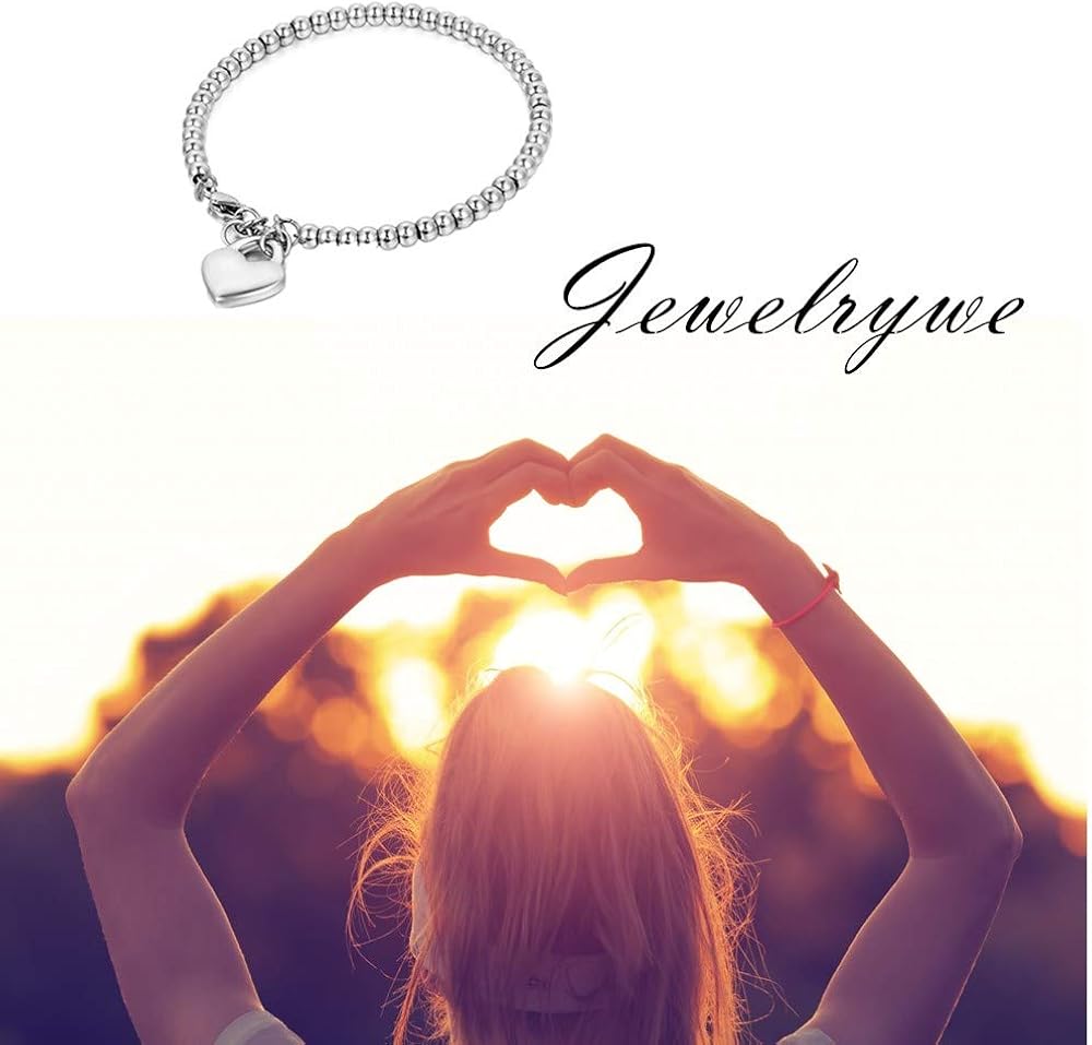 JewelryWe Gifts Mom Stainless Steel Bead Chain Bracelet Heart Charm Adjustable, Silver, Silver(no Engraving), 19.5 cm - Image 4