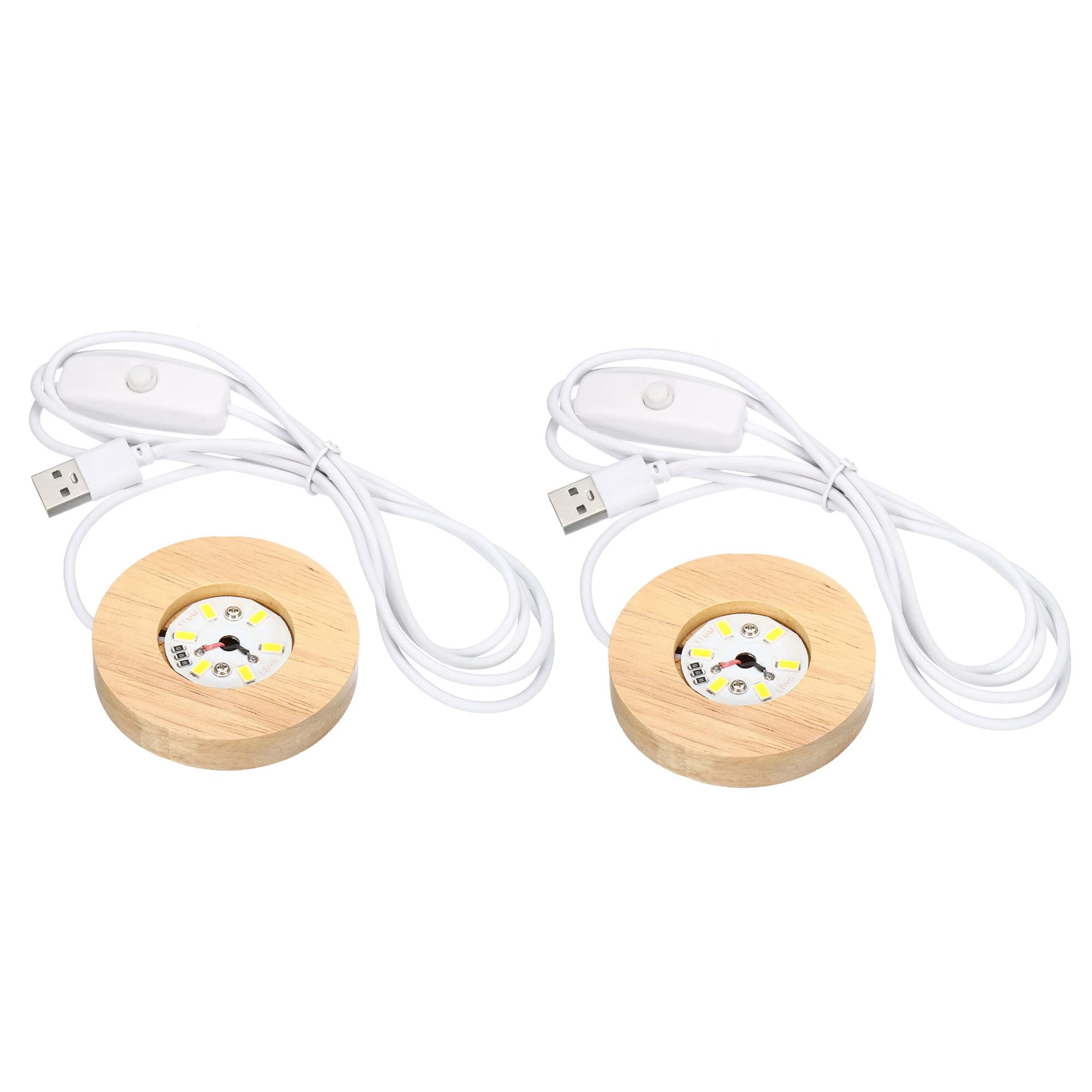 PATIKIL Wooden LED Light Base Stand, 2 Packs Round Wooden 2.56" Dia Warm White Lights Display Pedestals for Crystal Glass Art Decorations, Wood Color