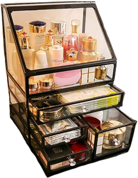 Amazon Co Jp ほこり プルーフ化粧品棚 透明メイクアップブラシストレージボックスガラスコスメティックボックスダスト プルーフ防水 H 26 5 19 7 43cm ホーム キッチン