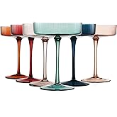 Colored Vintage Art Deco Coupe Glasses - Martini, Cocktail & Champagne Ribbed Glasses 7oz | Set of 6 | Cute Pastel Muted Crystal Cocktail Glassware, Goblet Cocktails, Stemmed Ripple Glassware Gift Box