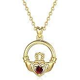 INFUSEU Claddagh Necklace for Women Irish Small Pendant Sterling Silver Red Stone January Birthstone July Gifts for Her Birthday Wife Daughter Teen Girlfriend Valentine Anniversary