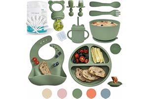 Remonda Baby Led Weaning Supplies | Silicone Baby Feeding Set Includes Suction Bowls and Plates, Baby Utensils Spoons and Forks,Cup for Toddler | Babies Eating Dishes Set 6-12 Months（Green）
