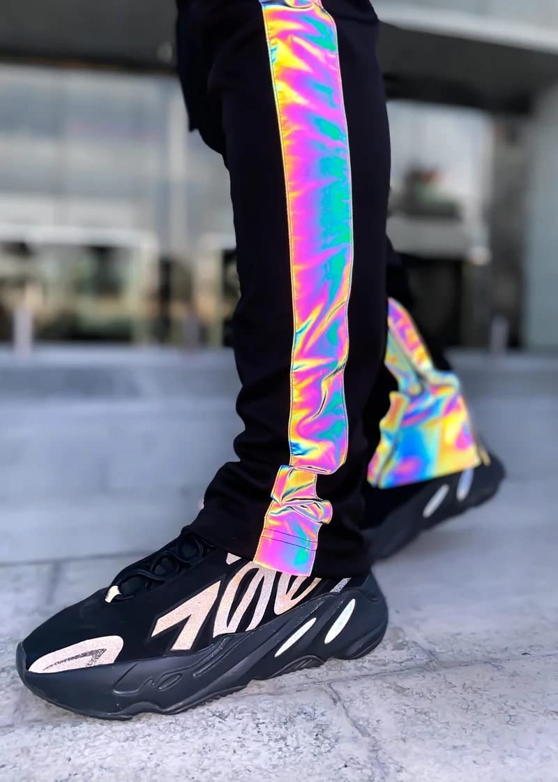 LZLRUN Rainbow Reflective Striped Pants Men Brand Hip Hop Dance Fluorescent Trousers Casual Harajuku Night Sporting Jogger
