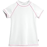Made in USA Short Sleeve Little Girls' Rashguard Swimming Suit Swim Tshirt Tee UPF50+ Sun Protection for Beach Pool Summer Fun, SS White/Pink, 6