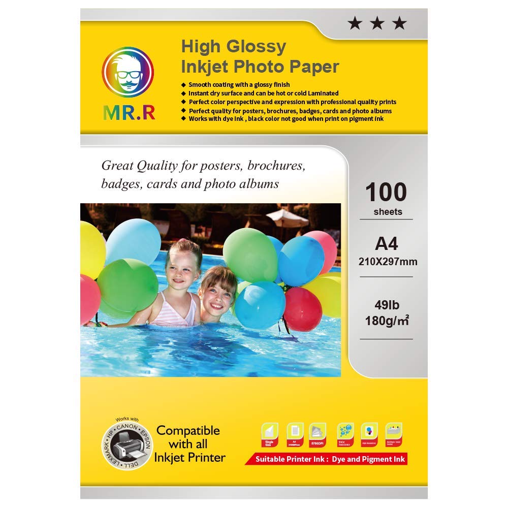 MR.R Inkjet Photo Paper A4 210 x 297mm Glossy 100 Sheets 180gsm for Canon Hp Epson Inkjet Printers — image 1