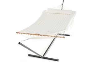 PNAEUT Double Hammock with Stand for Outside, Rope Hammocks with Polyester Pad 2 Person, 12ft Heavy Duty Stand, Extra Pillow, Storage Sidebag, Max 475 lbs Capacity (Pearl White)