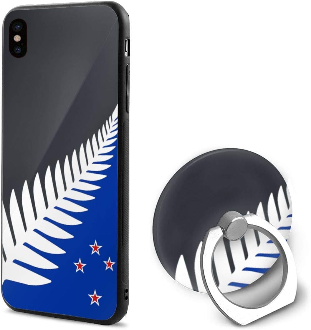New Zealand Flag Maori Fern Slim Hard PC Back Protective Cover Anti-Scratch Shockproof Case with Ring Holder for iPhone X/iPhone Xs 5.8 Inch Black