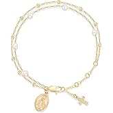 Virgin Mary Cross Bracelet for Women - 14K Gold Plated Double Layer Pearls Rosary Chain Bracelet, Dainty Cubic Zirconia Crucifix Link Bracelet, Religious Christian Faith Jewelry Gift for Her