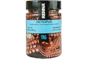 Renna, Fresh Whole Wild Octopus Tentacles in Oil, 10.58oz, Tender, Mediterranean Seafood Salad, Product of Italy, Ready-to-Eat Octopus, Preserved Appetizer, 10.58 oz