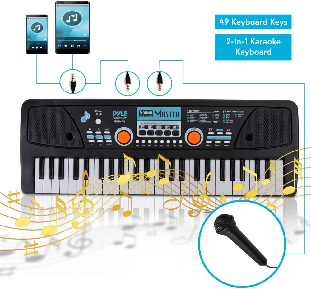 Digital Electronic Musical Keyboard - Kids Learning Keyboard 49 Keys Portable Electric Piano w/ Drum Pad, Recording, Rechargeable Battery, Microphone - Pyle PKBRD4112