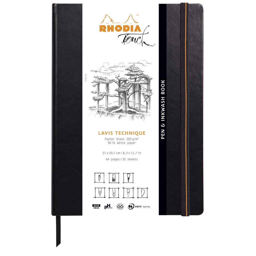RHODIA TOUCH 116128C - Rigid Notebook Pen&Inkwash Book A4 - 64 pages - Clairefontaine Paper Lavis Technique Uni Blanc 200 g/m - for Pencil Drawing, Felt Pen, Charcoal, Gouache, India Ink