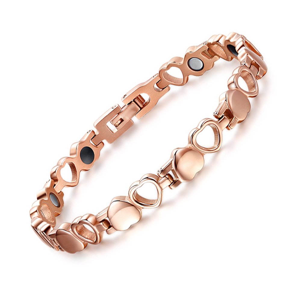 JFUME Women Bracelet Rose Gold Heart Shape Stainless steel Bracelet with Link Remove Tool 7.5" Adjustable