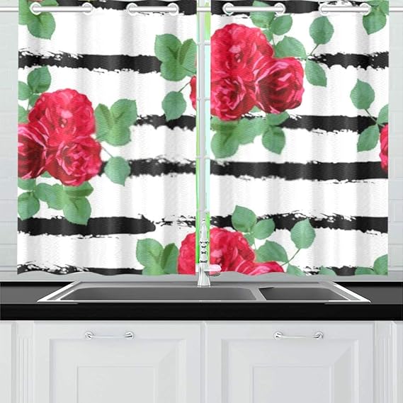 Cortinas de cocina, elegantes cortinas decorativas de flores rosas, sin