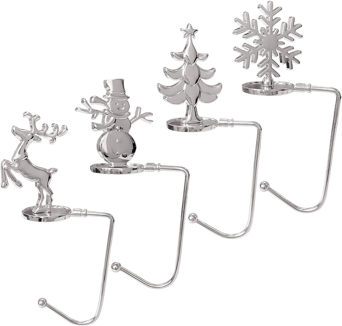 Ornament Hooks - ORNACELE Set of 4 Christmas Stocking Holder, Snowman, Reindeer, Christmas Tree & Snowflake Anti-Skid Metal Hanger Clip, Adjustable Multi-Use Stocking Hooks for Christmas Party Decorations (Silver)