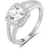MDFUN 18K White Gold Plated Cubic Zirconia Square Halo Wedding Engagement Promise Eternity Ring for Women