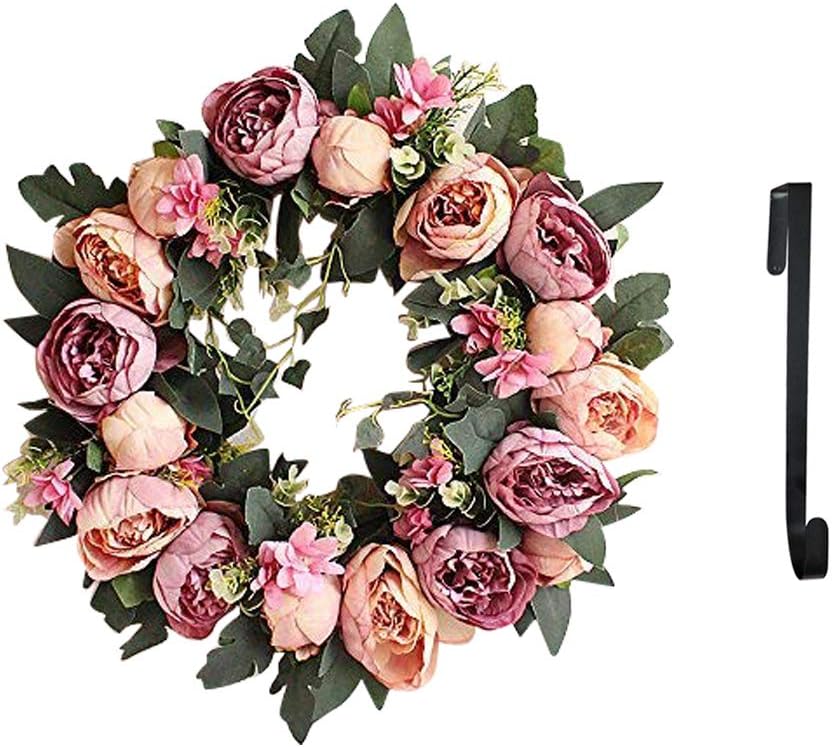 SunriseMall 15 Inch Handmade Wreath, Floral Artificial Simulation Flowers Garland, European Door Ornament, with 1pcs Wreath Hook, for Home Party Decor (15 Inch Light Purple)