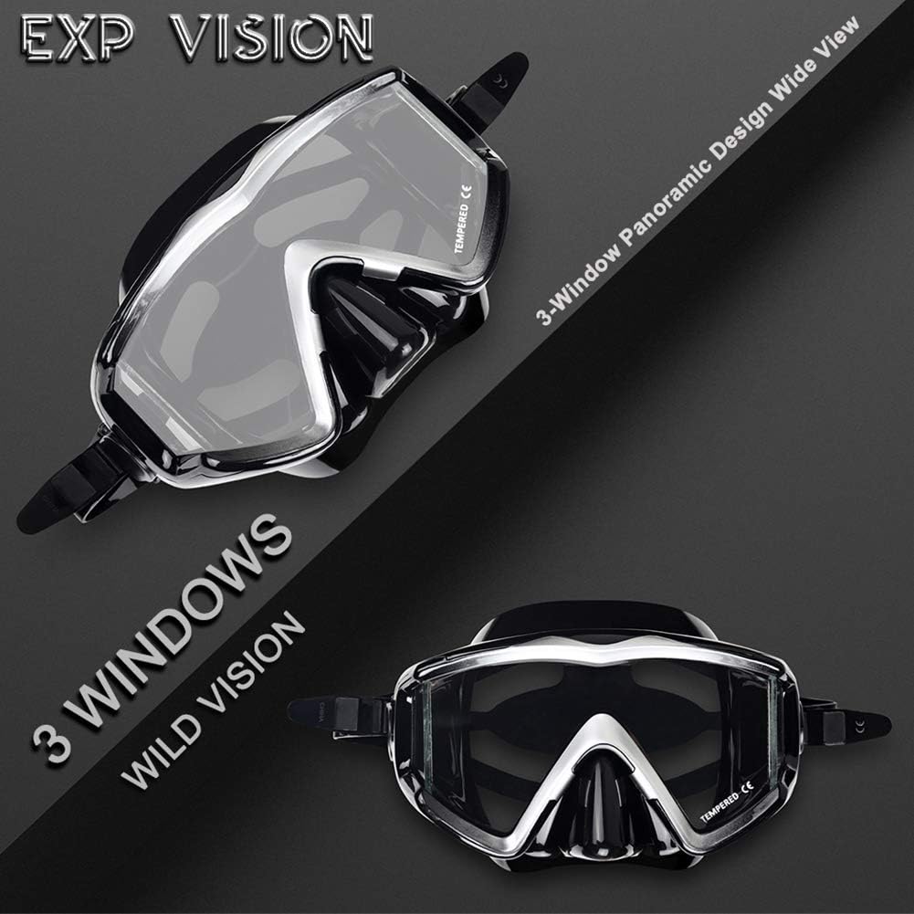 EXP VISION Adult Pano 3 Panoramic View Scuba Diving Mask, Tempered Glass Lens Snorkeling Dive Mask, Premium Swim Goggles with Nose Cover for Snorkeling, Freediving, Swimming : Sports & Outdoors