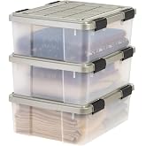 IRIS USA 3-Pack 27 Qt Storage Bins with Gasket Lids, Clear/Chrome | WeatherPro seal protects everyday essentials in closets, offices and laundry rooms