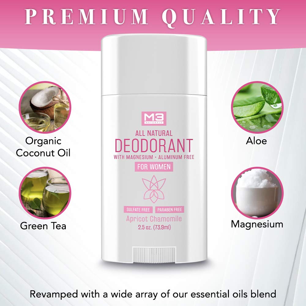 M3 Naturals All Natural Deodorant for Women with Magnesium, Apricot and Chamomile - Long-Lasting, Non-Toxic, Free of Aluminum, Baking Soda, Parabens, Sulfates and Gluten – Vegan, Organic 2.5 oz : Beauty