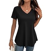 JUSTFASHIONNOW Women's Short Sleeve Flowy V Neck Tunic Tops for Leggings Loose Fit Dressy Casual Summer Beach Basic T Shirts