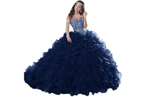 WANSHAQIN Women's Heavy Beaded Sweetheart Ball Gowns Dresses Organza Ruffles Quinceanera Dresses for Sweet 16