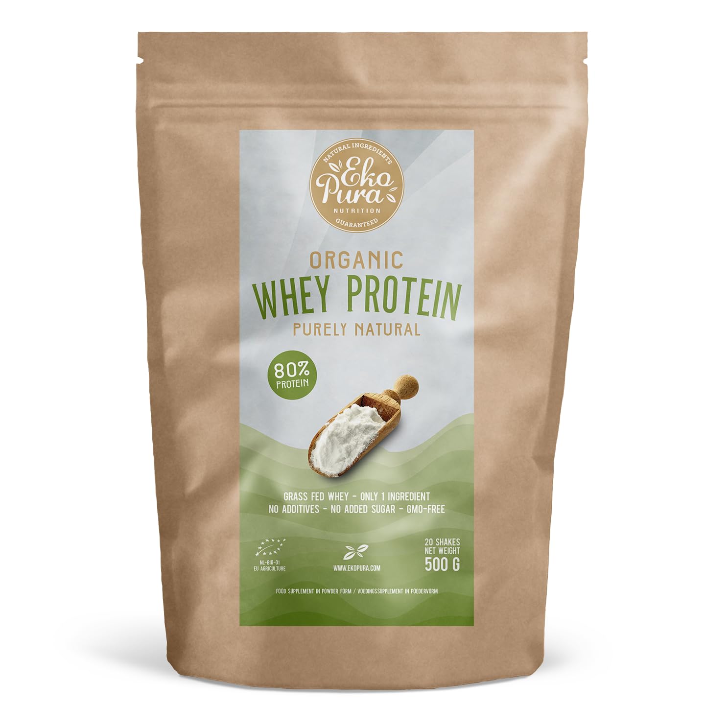 Ekopura Organic Whey Protein 500g | 80% Protein | Hormone Free, GMO-Free, Soy-Free, Additive Free, No Added Sugars | Promotes Muscle Growth, Recovery, Retention | Plain Flavored | Certified Organic