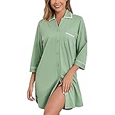 COLORFULLEAF Women's 100% Cotton Nightgowns 3/4 Sleeve V-Neck Sleep Shirt Soft Button Down Pajama Dress