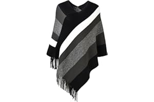 Ferand Women’s Elegant Knitted Poncho Top with Stripe Patterns and Fringed Sides