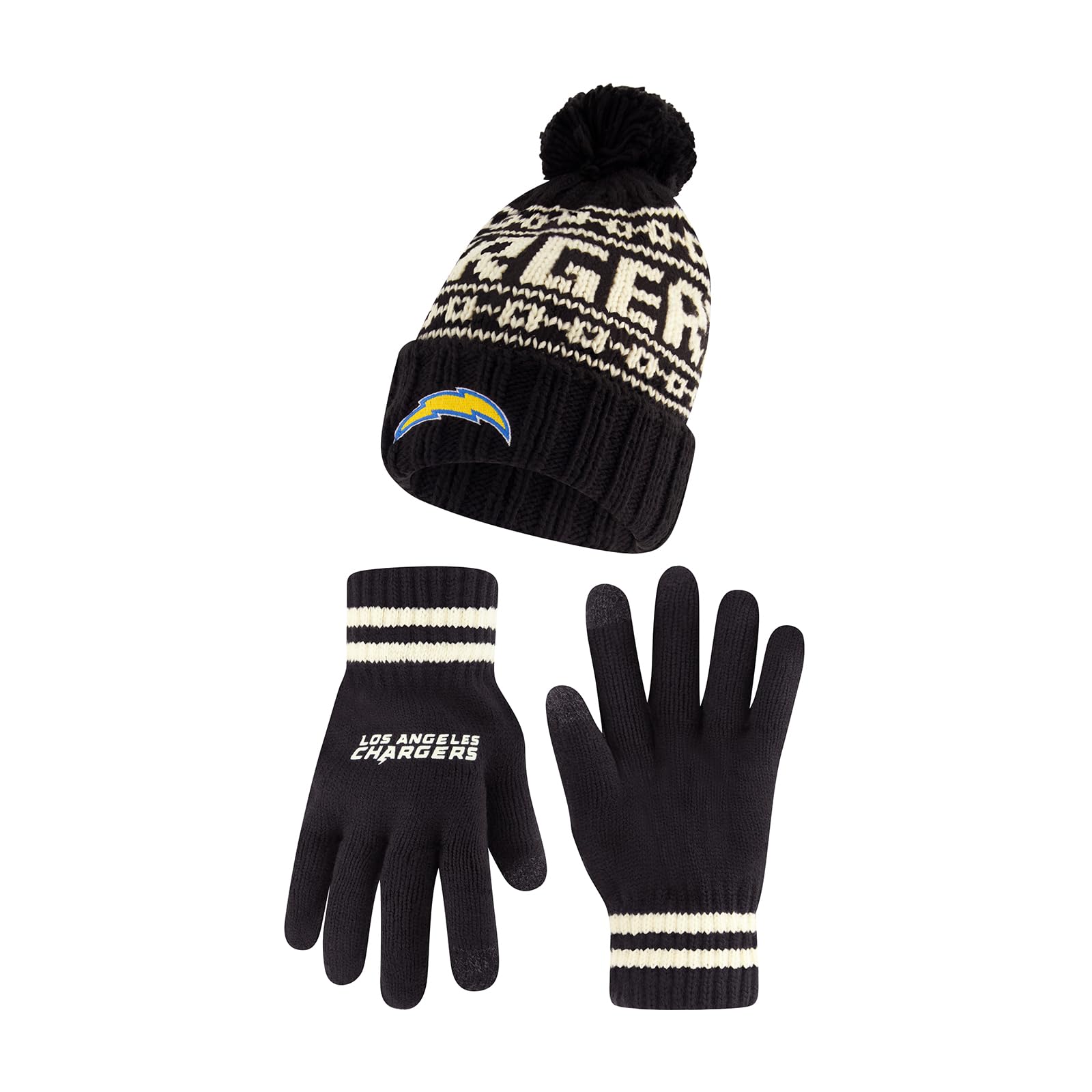 Ultra Game NFL Official Adults Super Soft Cable Knit Winter Beanie Knit Hat with Extra Warm Touch Screen Gloves, Los Angeles Chargers, Black, 1SIZE Image