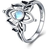 SCZKLAQ Moonstone Lotus Rings for Women 925 Sterling Silver Lotus Flower Ring Vintage Spiritual Yoga Lotus Jewelry for Women Lotus Gifts