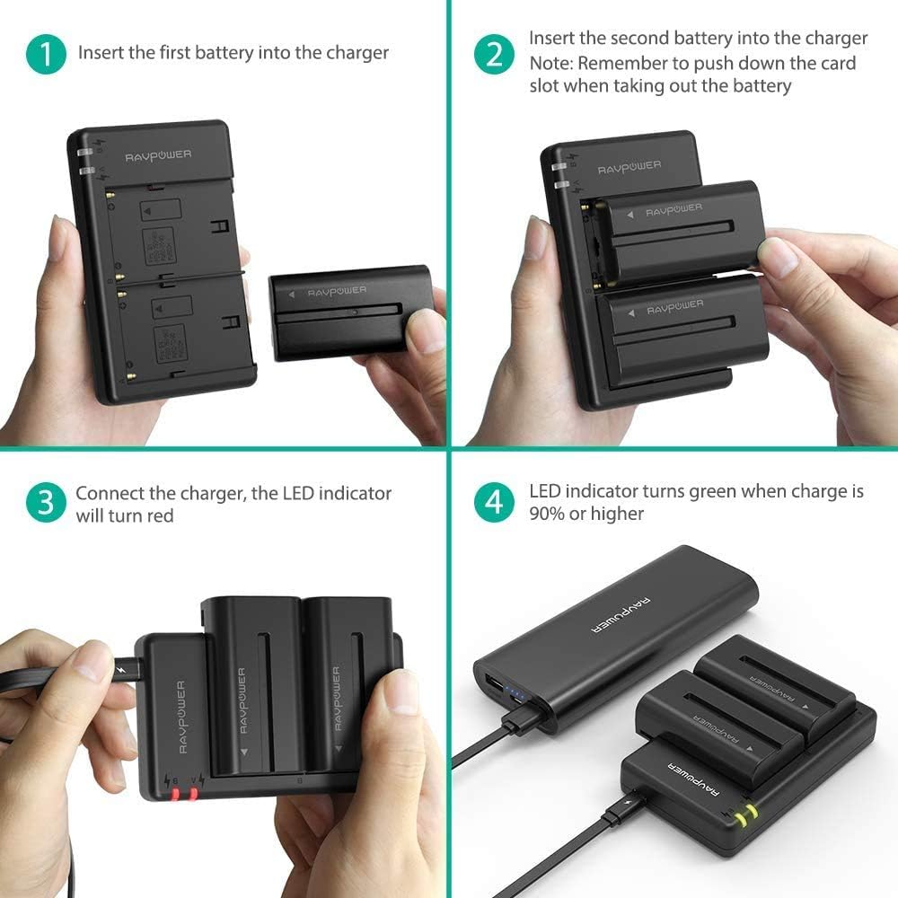 NP-F550 RAVPower Battery Charger for Sony NP F970, F750, F770, F960, F550, F530, F330, F570, CCD-SC55, TR516, TR716, TR818, TR910, TR917 and more (2-Pack Replacement Battery Kit, Dual Slot Charger): Camera & Photo