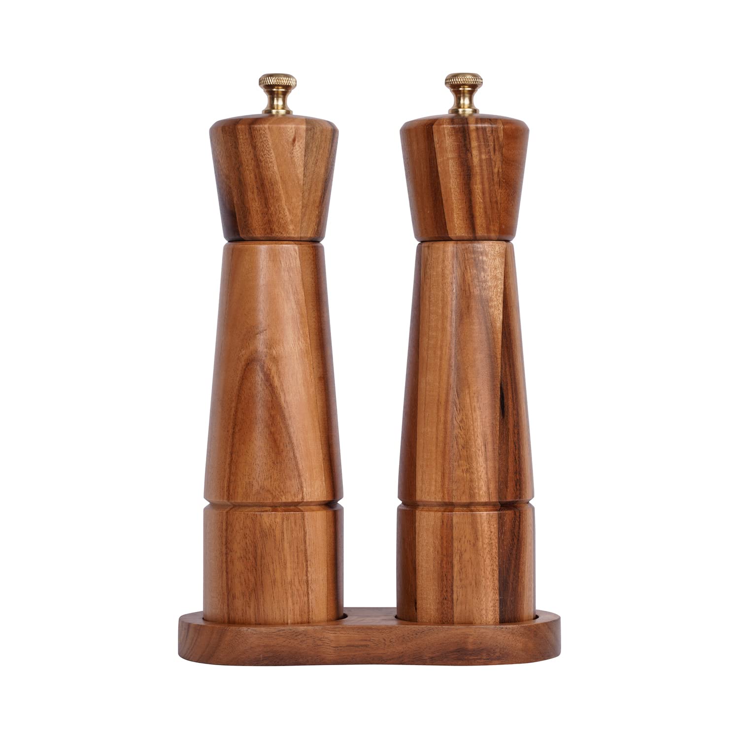 DeroTeno Salt and Pepper Mill Set with Tray, Adjustable Ceramic Grinder Salt Mill, Stainless Steel Grinder Pepper Mill, Acacia Wood, 22 cm Height, Bottom Dia 5.5 cm (Tray is Included)