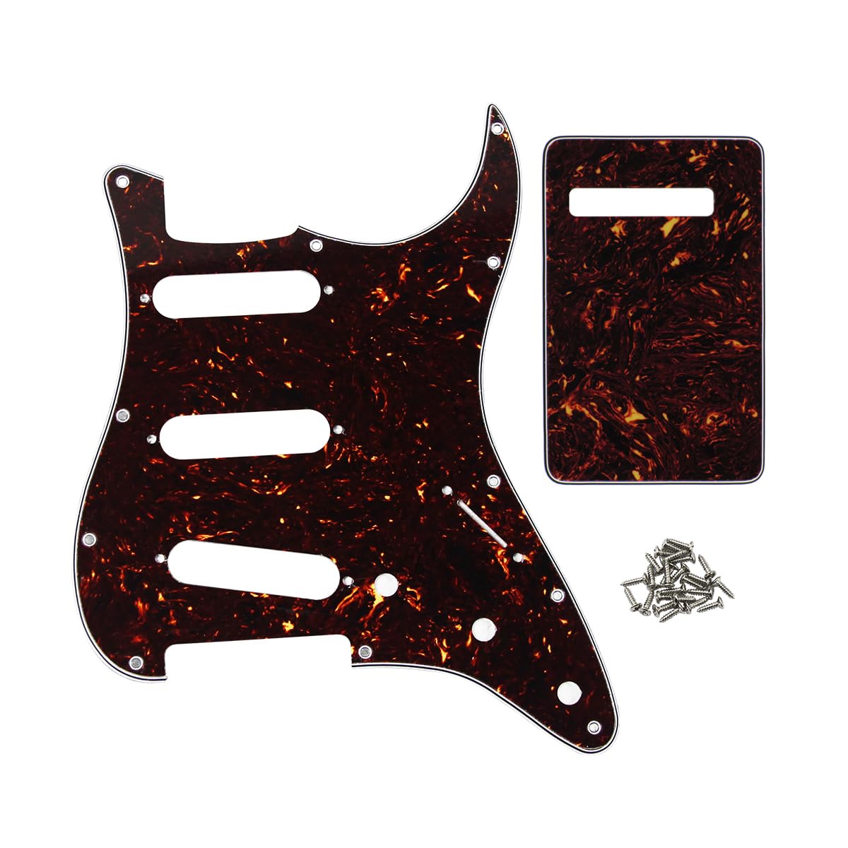 FLEOR Set of 11 Holes SSS Style Pickguard and Tremolo Cavity Cover Back Plate with Screws for US/Mexican Standard ST Guitar Parts,4Ply Brown Tortoise