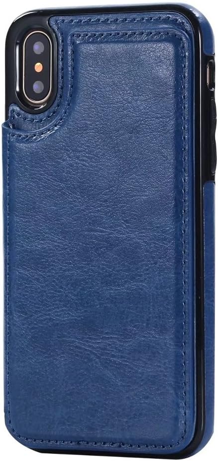 Huathat Vintage Cell Phone Case for Apple iPhone X with Card Holder Kickstand Revit Button Tempered Glass Protector Along with! (KU05_Blue, for iPhone X)